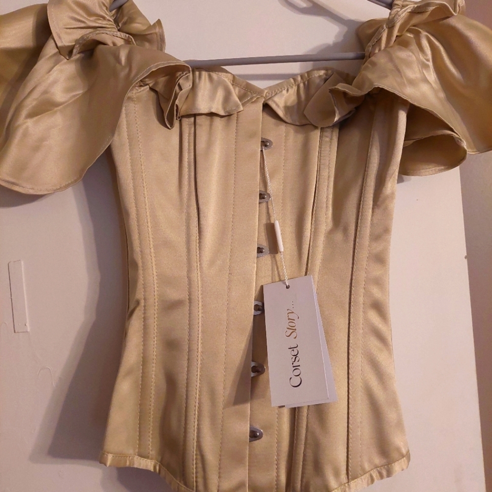 Champagne Satin Corset Top with off the Shoulder Frilled